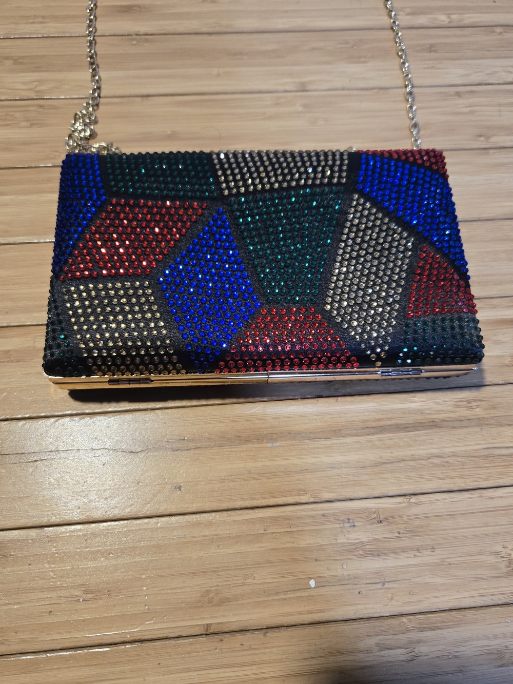 Multicolor Rhinestone Geometric Clutch with Gold Chain - Picture 3 of 8